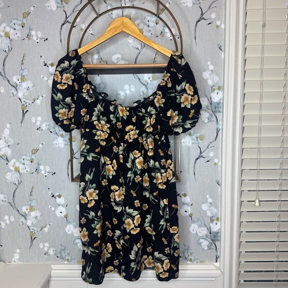 Altar'd State Floral Puff Sleeve Mini Dress Black Yellow Square Neck Womens M - Picture 6 of 8